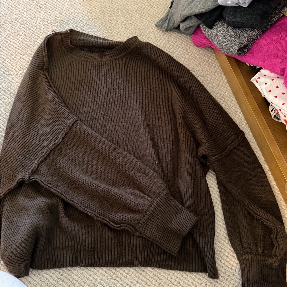 Dark Brown Ribbed Crewneck Sweater